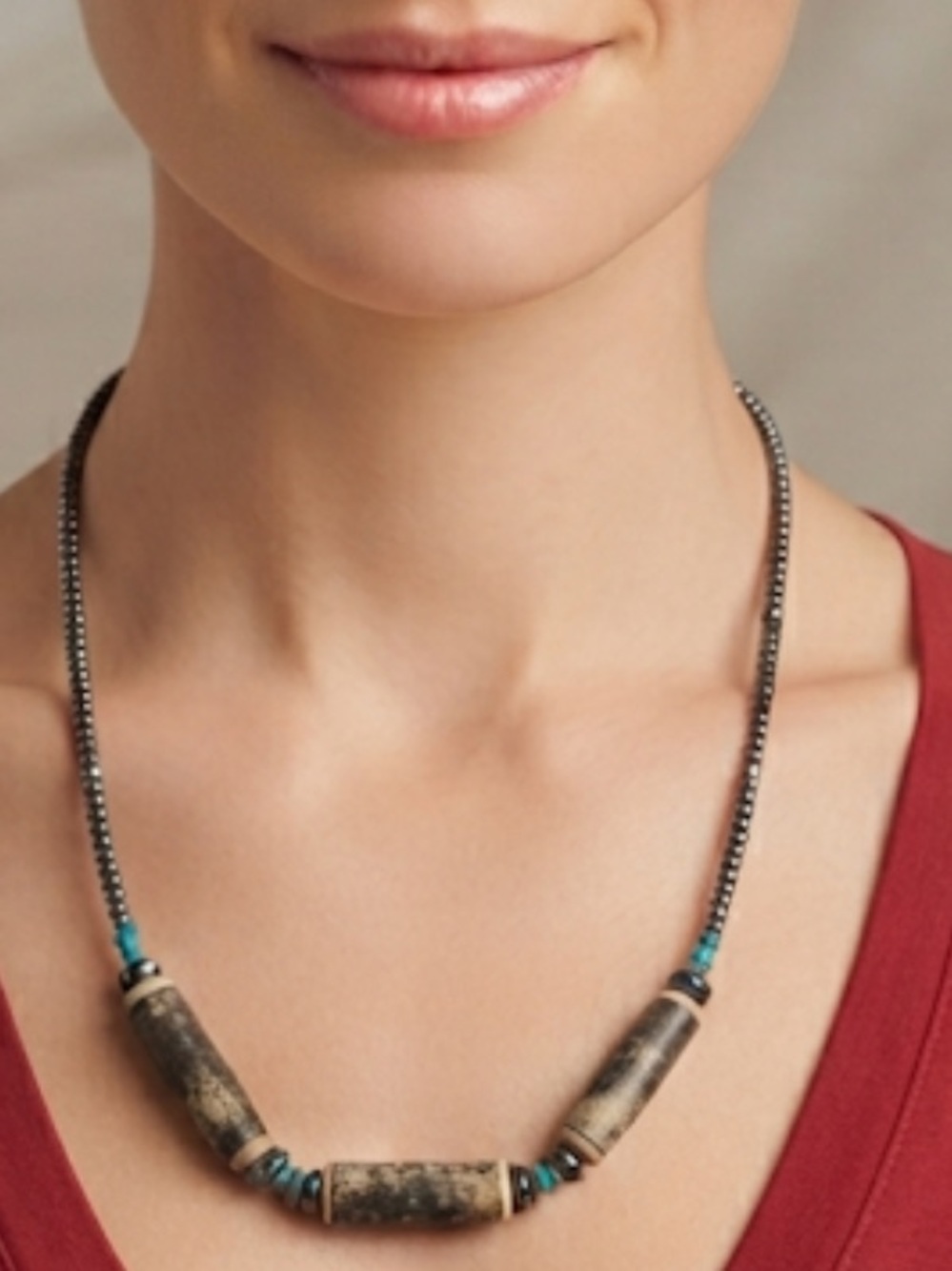 Beaded Hematite and Turquoise Accent Necklace - Women Jewelry